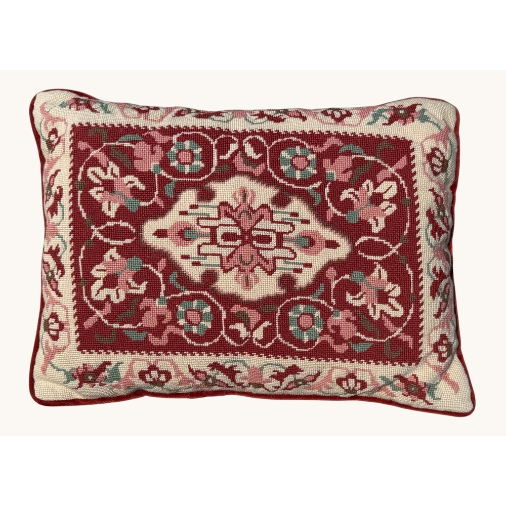 Vintage Needlepoint Pillow Red Velvet Backing Floral  Accent Pillow 16"x 11"